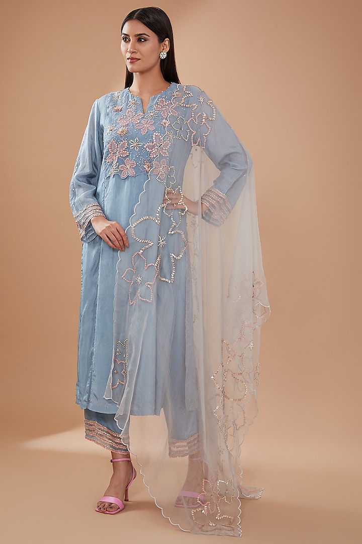 Grey Organza Sequins Embroidered Dupatta by One not two at Pernia's Pop Up Shop