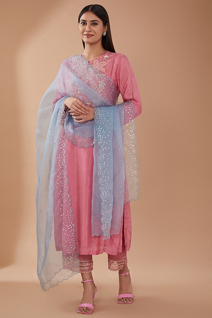 Steel Blue Organza Sequins Embroidered Dupatta by One not two at Pernia's Pop Up Shop