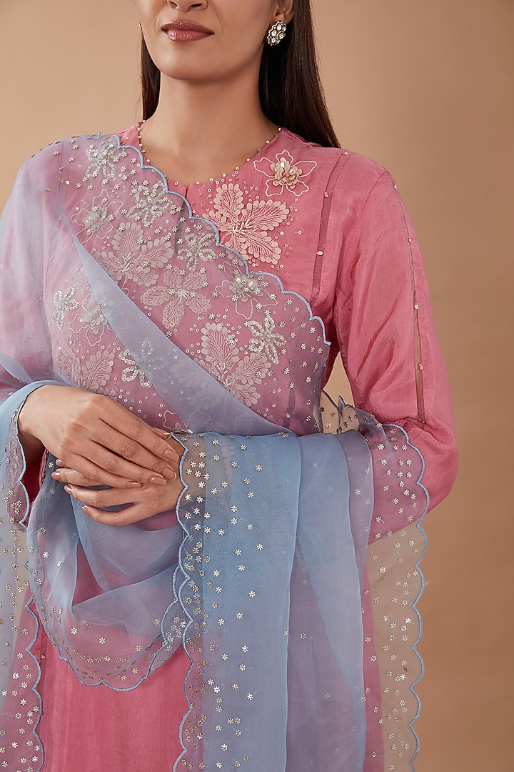 Steel Blue Organza Sequins Embroidered Dupatta by One not two at Pernia's Pop Up Shop