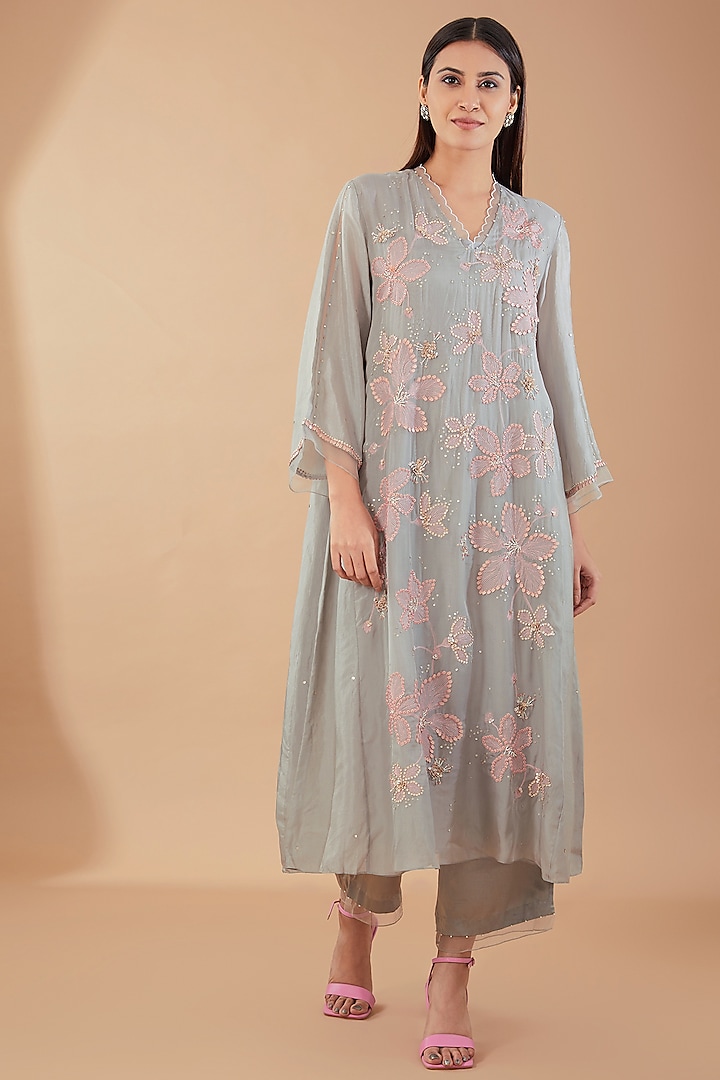 Grey Viscose Silk Sequins Embroidered Kurta Set by One not two at Pernia's Pop Up Shop