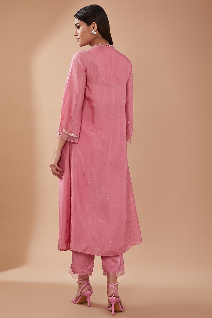 Rose Pink Viscose Silk Sequins Embroidered Kurta Set by One not two at Pernia's Pop Up Shop