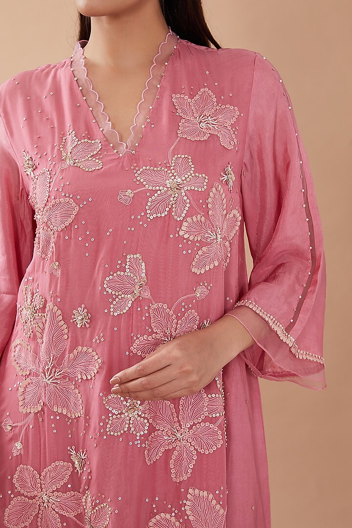 Rose Pink Viscose Silk Sequins Embroidered Kurta Set by One not two at Pernia's Pop Up Shop