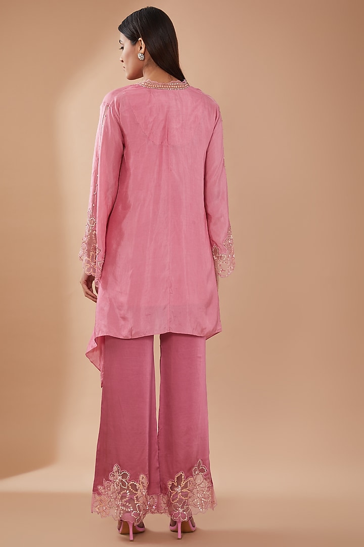 Rose Pink Viscose Silk Sequins Embroidered Kurta Set by One not two at Pernia's Pop Up Shop