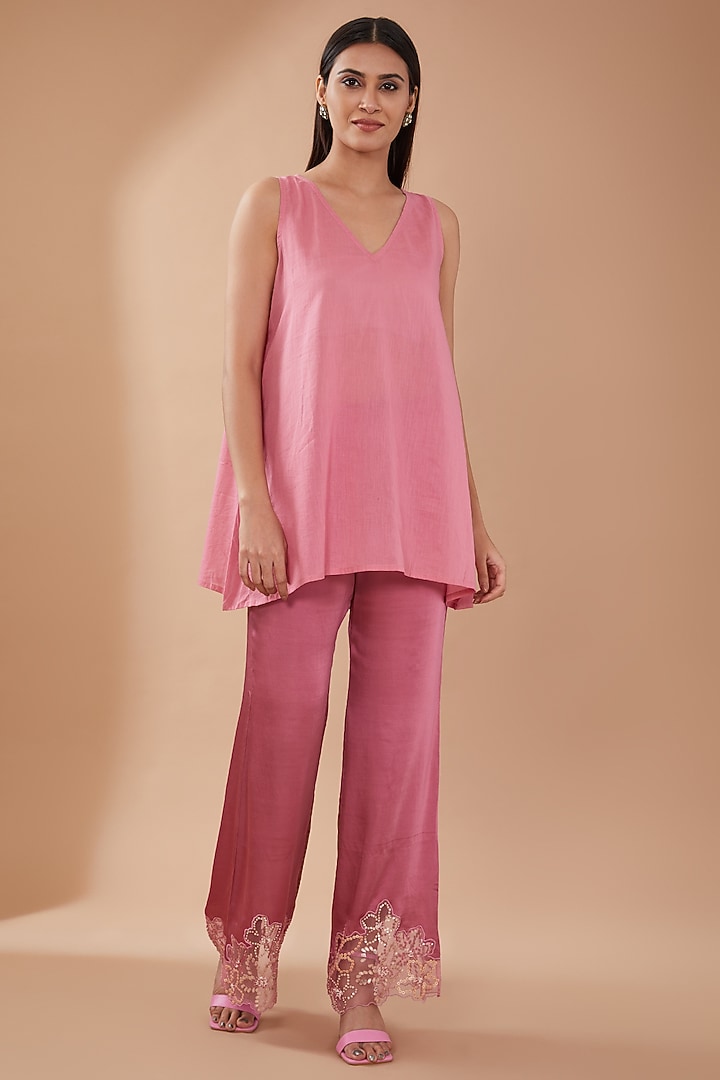 Rose Pink Viscose Silk Sequins Embroidered Kurta Set by One not two at Pernia's Pop Up Shop