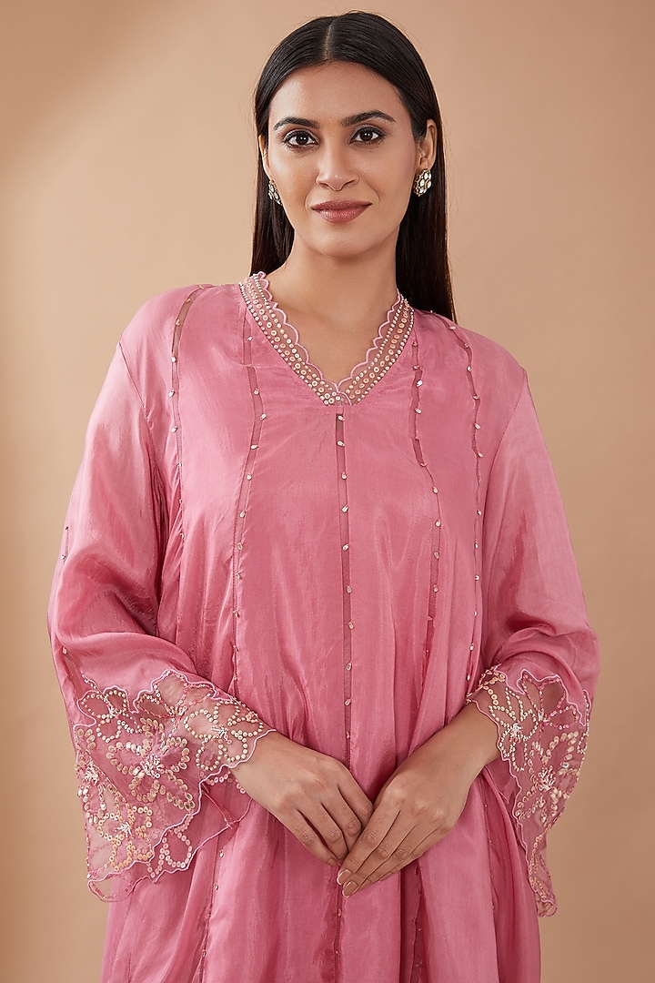 Rose Pink Viscose Silk Sequins Embroidered Kurta Set by One not two at Pernia's Pop Up Shop
