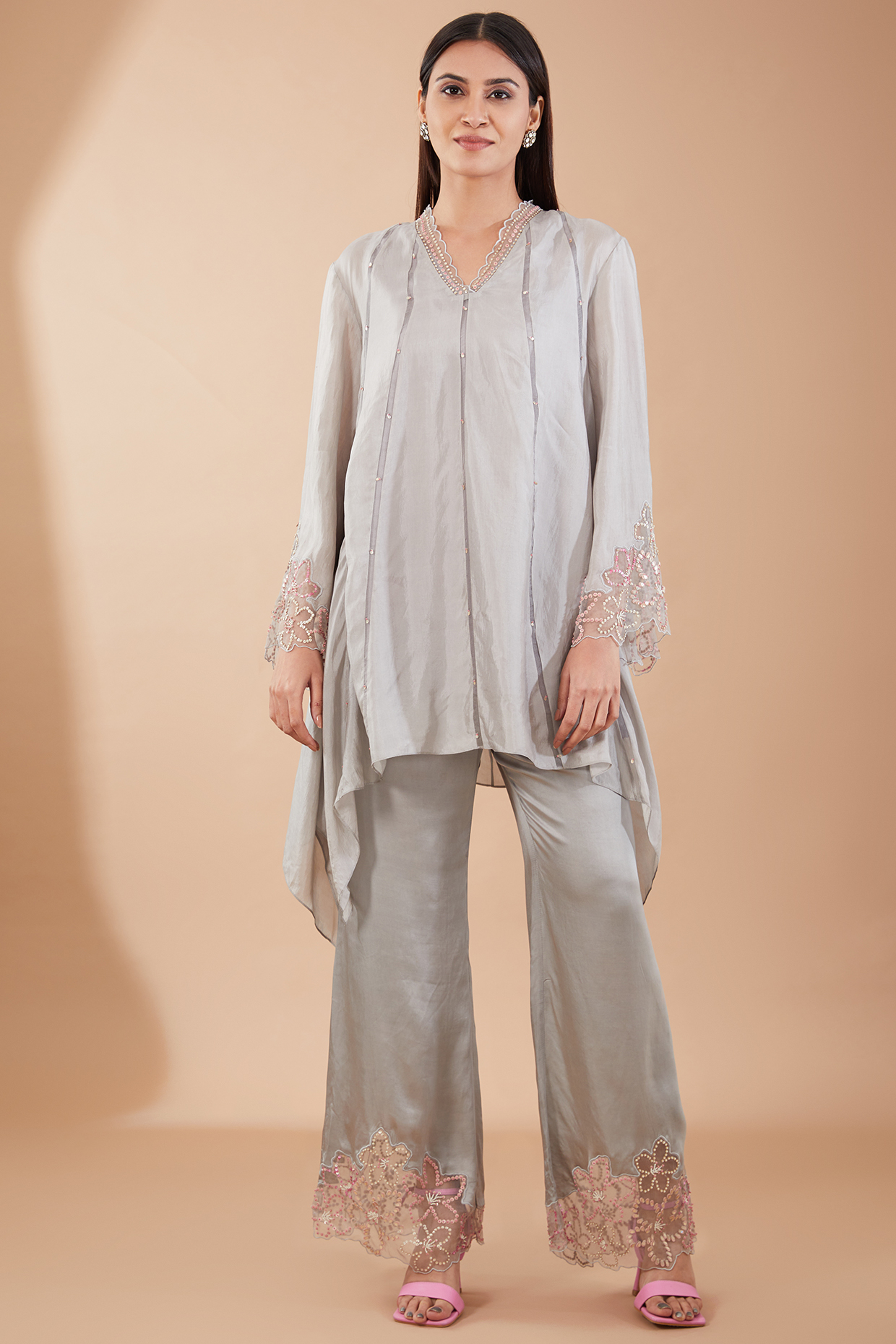 Grey Viscose Silk Sequins Embroidered Kurta Set by One not two at Pernia's Pop Up Shop
