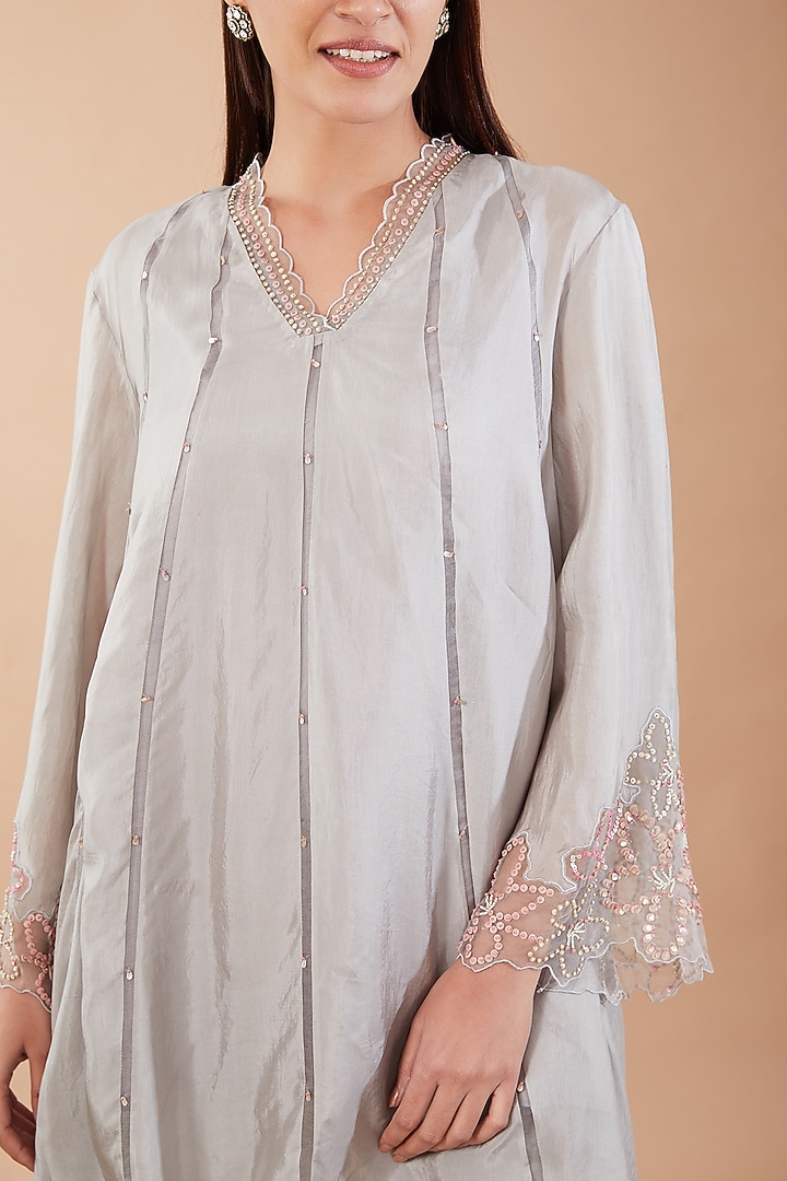 Grey Viscose Silk Sequins Embroidered Kurta Set by One not two at Pernia's Pop Up Shop