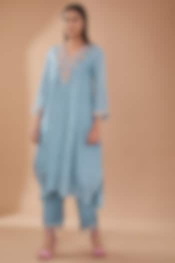 Steel Blue Viscose Silk Sequins Embroidered Kurta Set by One not two at Pernia's Pop Up Shop