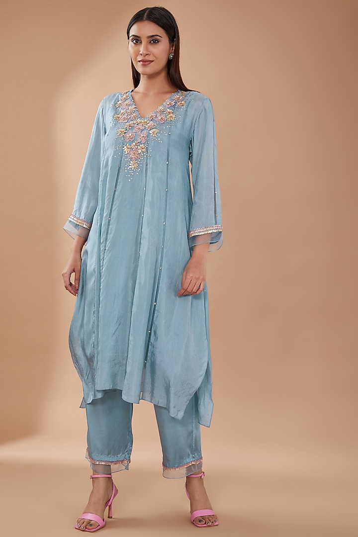 Steel Blue Viscose Silk Sequins Embroidered Kurta Set by One not two at Pernia's Pop Up Shop
