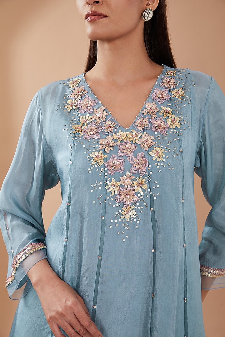 Steel Blue Viscose Silk Sequins Embroidered Kurta Set by One not two at Pernia's Pop Up Shop