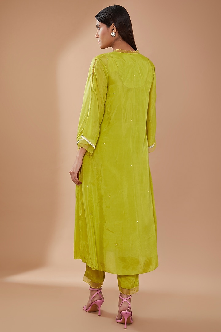Citrine Green Viscose Silk Sequins Embroidered Kurta Set by One not two at Pernia's Pop Up Shop