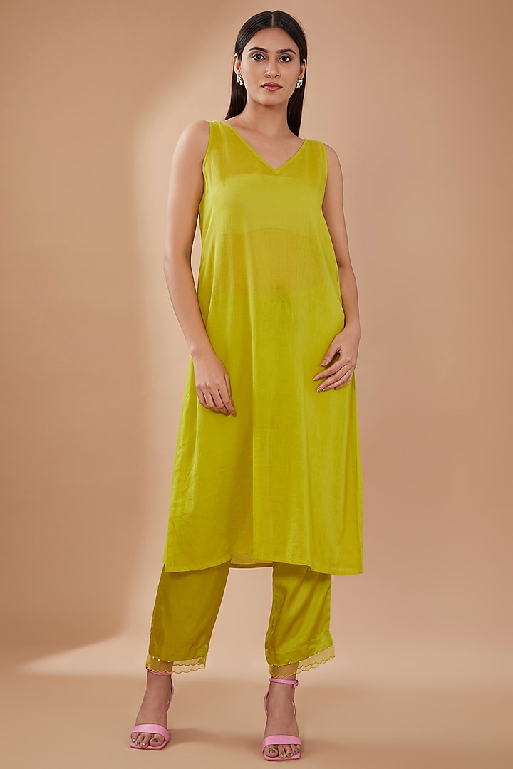 Citrine Green Viscose Silk Sequins Embroidered Kurta Set by One not two at Pernia's Pop Up Shop