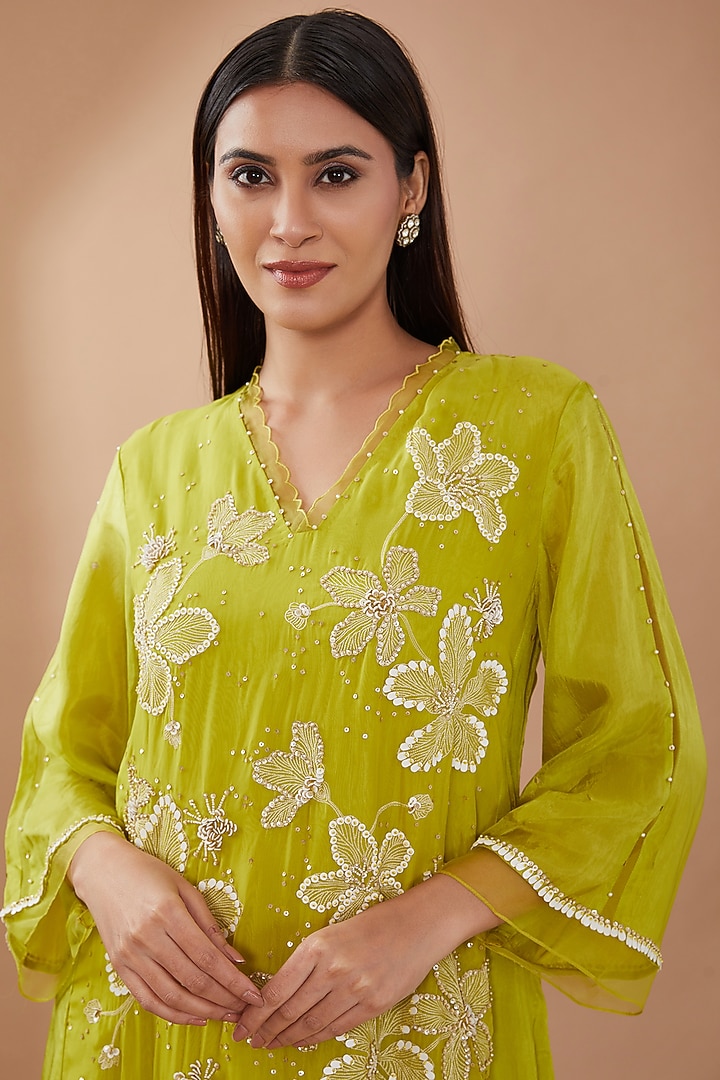 Citrine Green Viscose Silk Sequins Embroidered Kurta Set by One not two at Pernia's Pop Up Shop