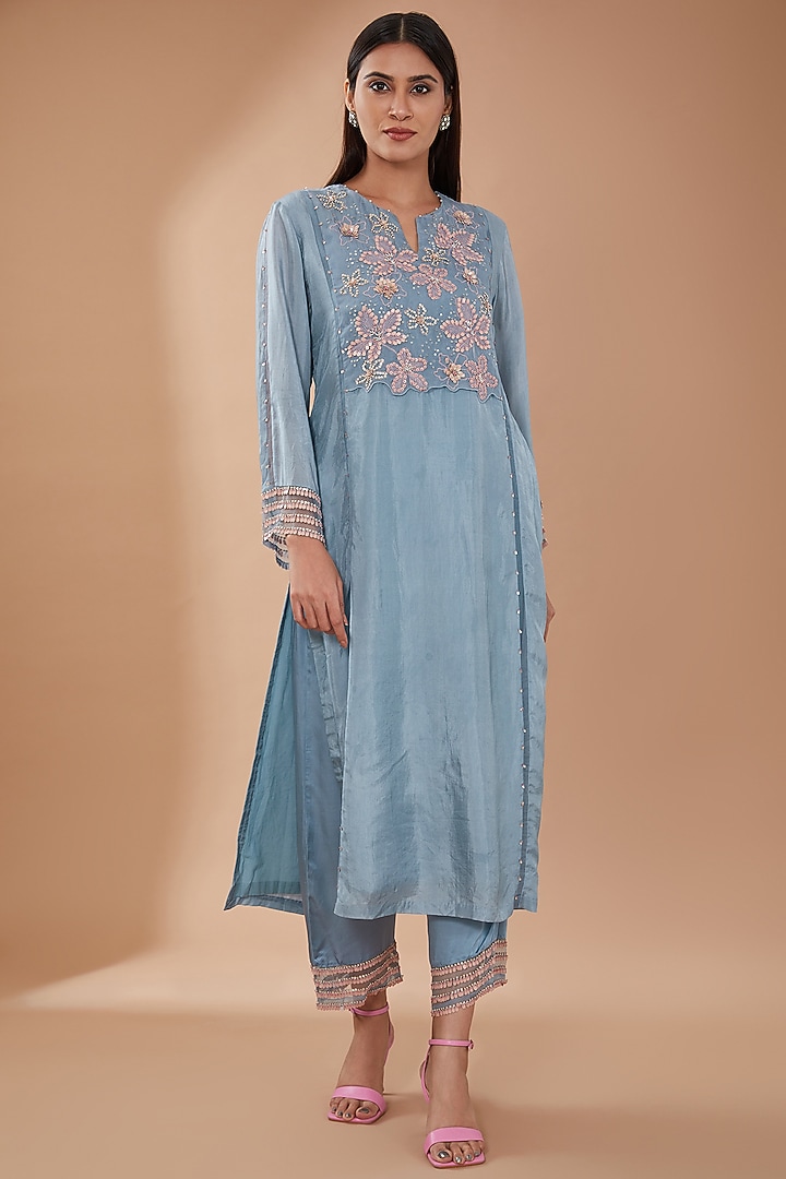 Steel Blue Viscose Silk Sequins Embroidered Kurta Set by One not two at Pernia's Pop Up Shop