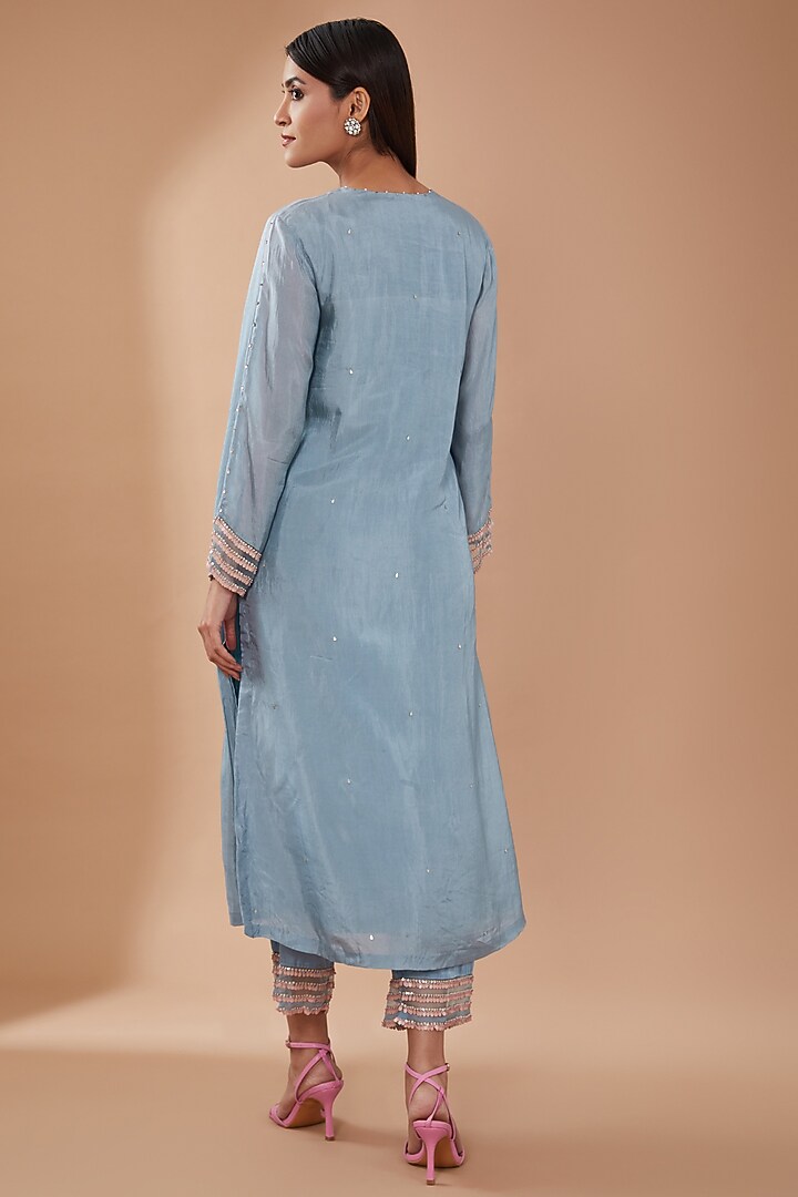 Steel Blue Viscose Silk Sequins Embroidered Kurta Set by One not two at Pernia's Pop Up Shop