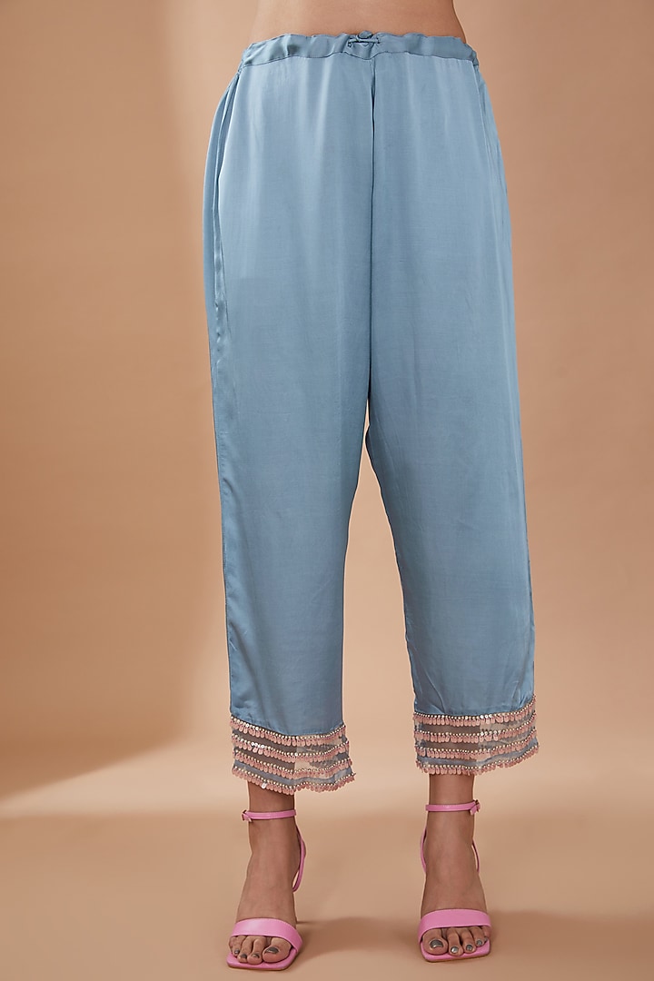 Steel Blue Viscose Silk Sequins Embroidered Kurta Set by One not two at Pernia's Pop Up Shop