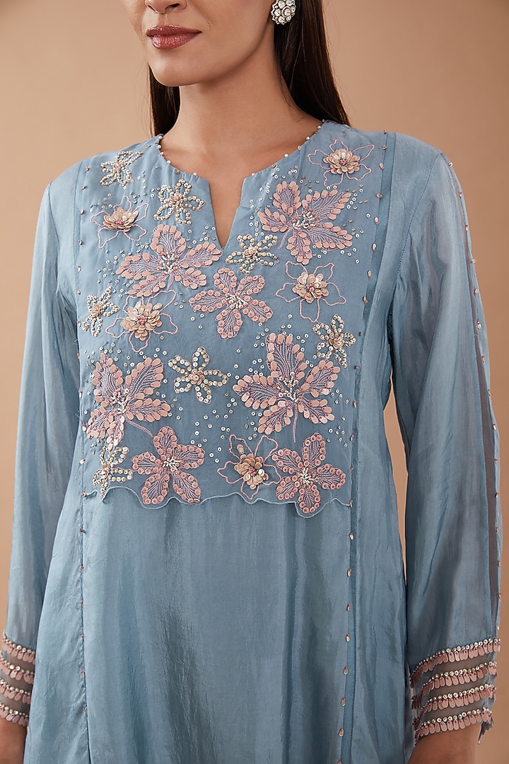Steel Blue Viscose Silk Sequins Embroidered Kurta Set by One not two at Pernia's Pop Up Shop