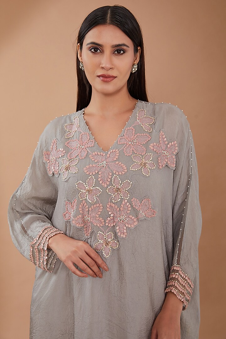 Grey Crushed Silk Sequins Embroidered Kurta Set by One not two at Pernia's Pop Up Shop