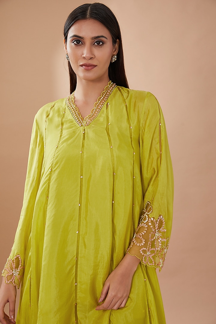 Citrine Green Viscose Silk Sequins Embroidered Kurta Set by One not two at Pernia's Pop Up Shop