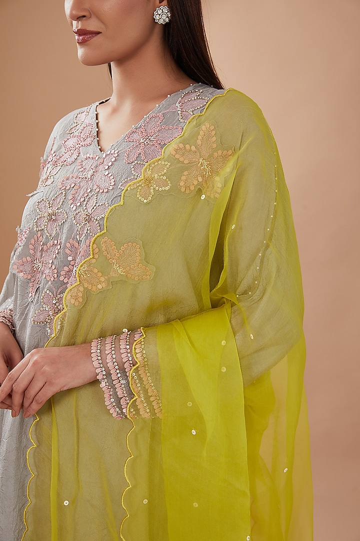 Citrine Green Organza Sequins Embroidered Dupatta by One not two at Pernia's Pop Up Shop