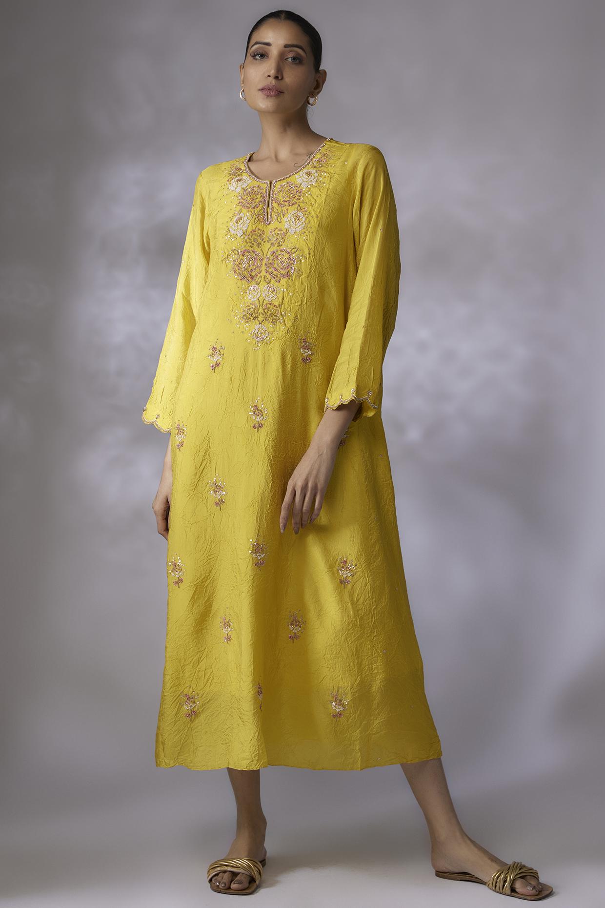 Yellow Viscose Silk Embroidered A-line Crushed Kurta by One not two at Pernia's Pop Up Shop
