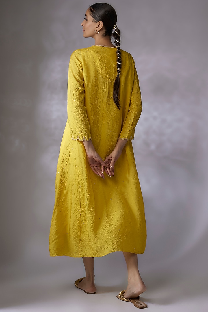 Yellow Viscose Silk Embroidered A-line Crushed Kurta by One not two at Pernia's Pop Up Shop