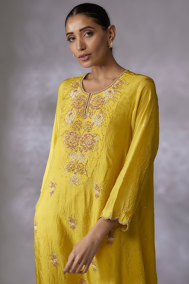 Yellow Viscose Silk Embroidered A-line Crushed Kurta by One not two at Pernia's Pop Up Shop