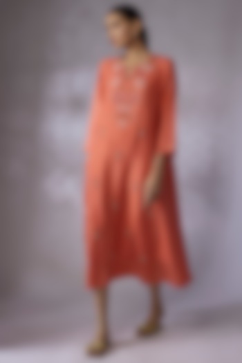 Coral Viscose Silk Embroidered A-line Crushed Kurta by One not two at Pernia's Pop Up Shop