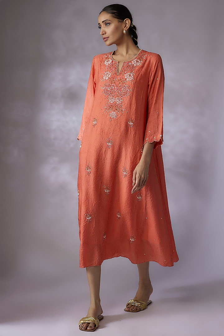 Coral Viscose Silk Embroidered A-line Crushed Kurta by One not two at Pernia's Pop Up Shop