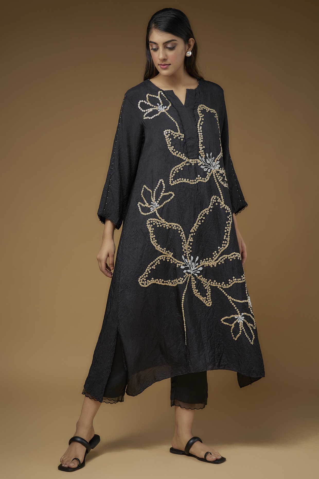 Black Viscose Silk Hand Embroidered Kurta Set by One not two at Pernia's Pop Up Shop