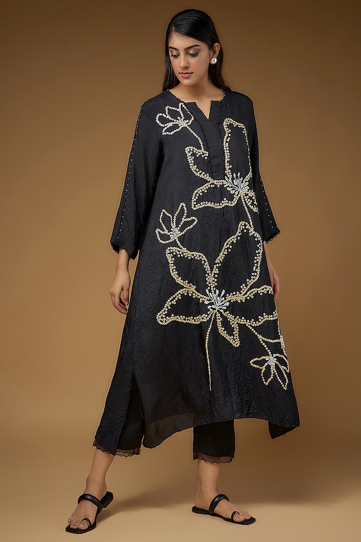 Black Viscose Silk Hand Embroidered Kurta Set by One not two at Pernia's Pop Up Shop