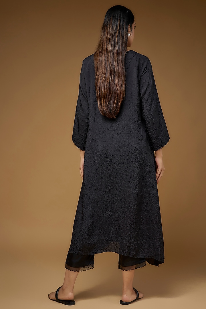 Black Viscose Silk Hand Embroidered Kurta Set by One not two at Pernia's Pop Up Shop