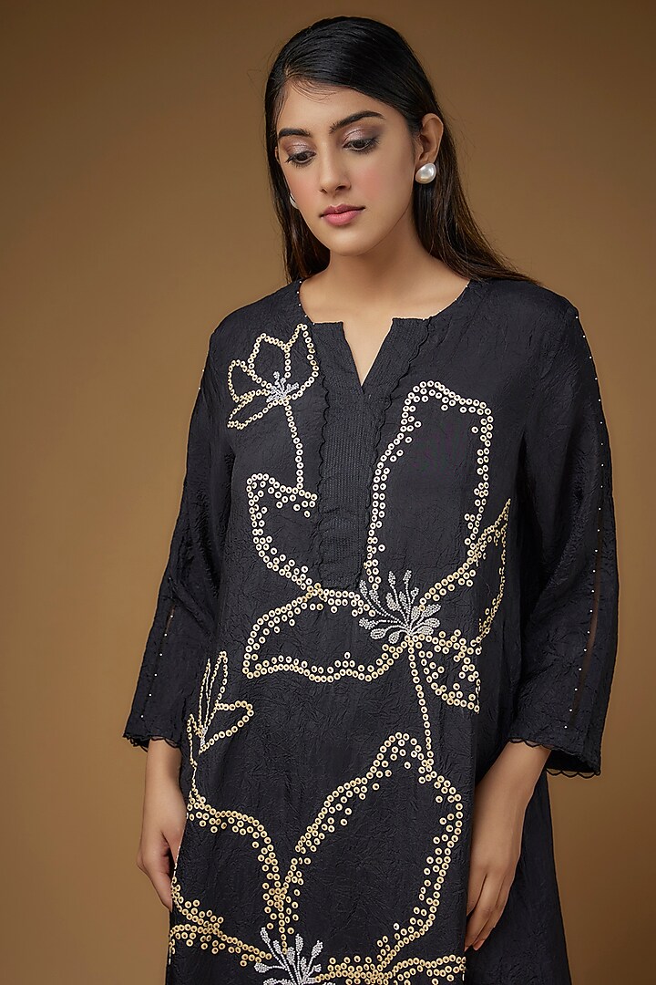Black Viscose Silk Hand Embroidered Kurta Set by One not two at Pernia's Pop Up Shop