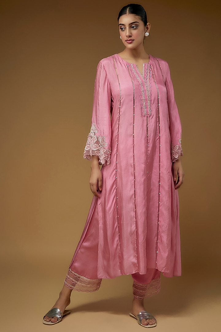Pink Viscose Silk Hand Embroidered Kurta Set by One not two at Pernia's Pop Up Shop