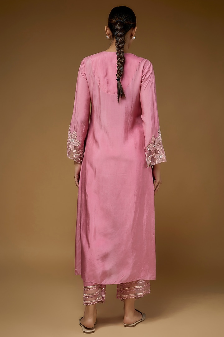 Pink Viscose Silk Hand Embroidered Kurta Set by One not two at Pernia's Pop Up Shop