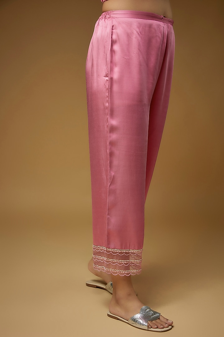 Pink Viscose Silk Hand Embroidered Kurta Set by One not two at Pernia's Pop Up Shop