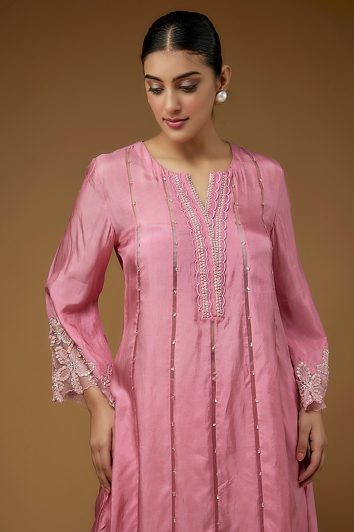 Pink Viscose Silk Hand Embroidered Kurta Set by One not two at Pernia's Pop Up Shop