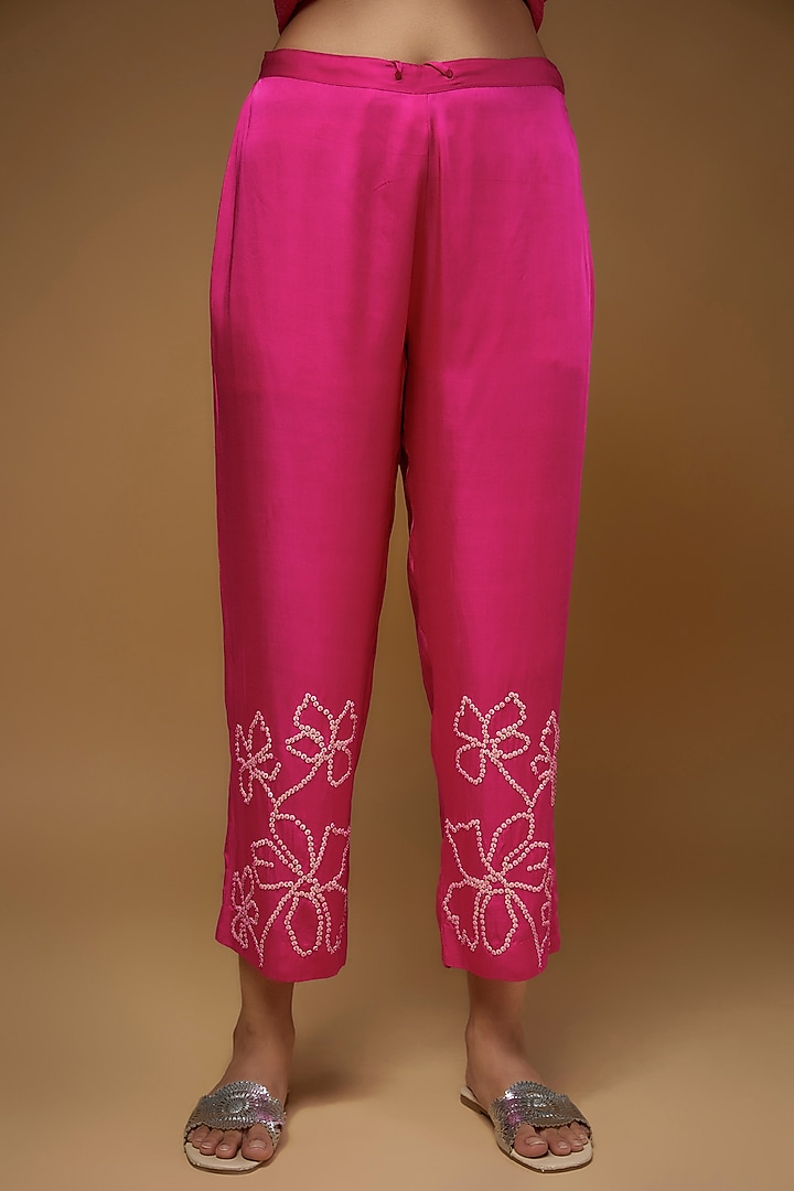 Fuchsia Crushed Silk Embroidered Kurta Set by One not two at Pernia's Pop Up Shop