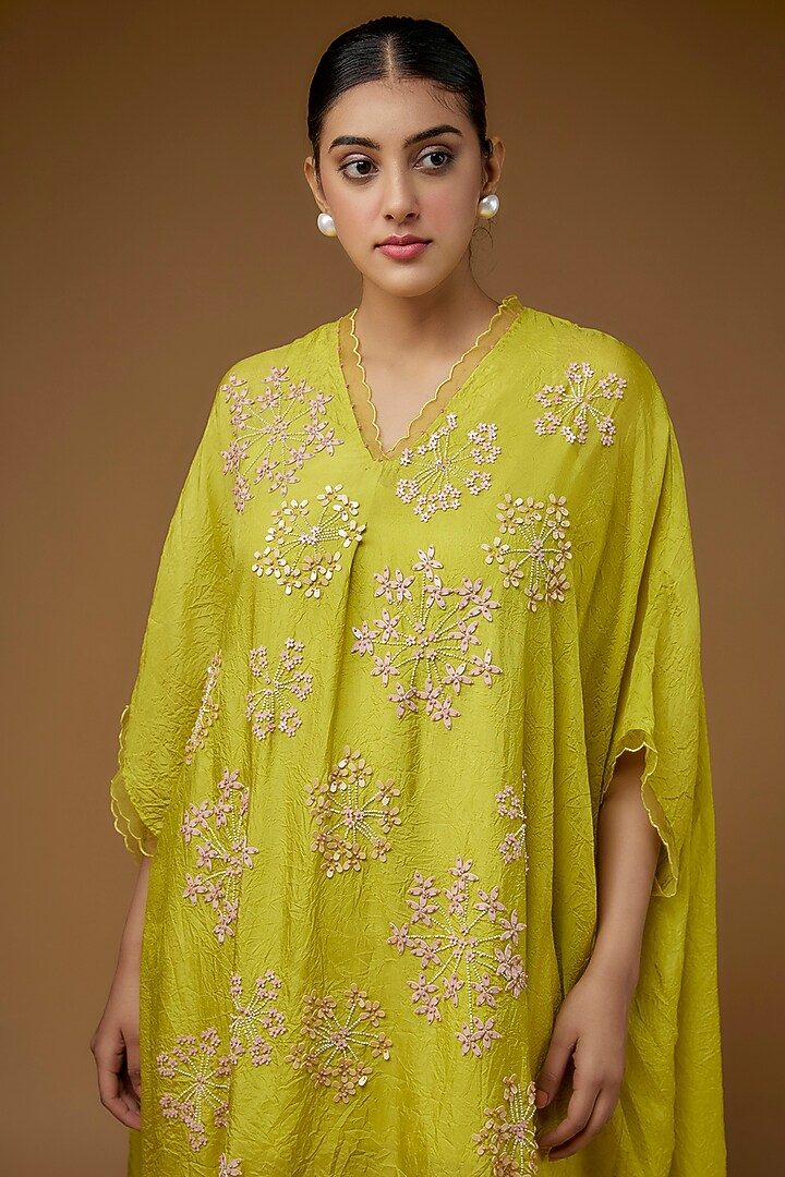 Yellow Crushed Silk Embroidered Kurta Set by One not two at Pernia's Pop Up Shop