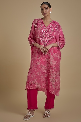 Hot Pink Silk Floral Printed & Embroidered Kaftan Set by One not two