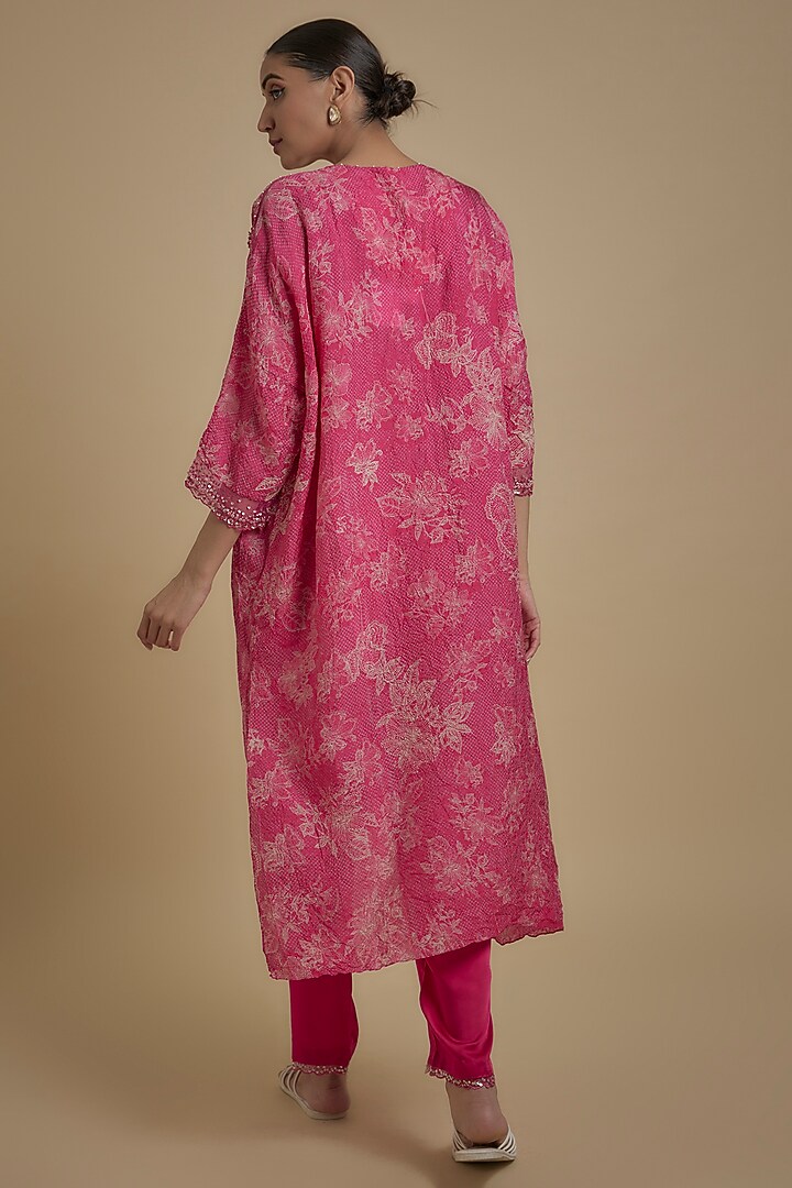 Hot Pink Silk Floral Printed & Embroidered Kaftan Set by One not two at Pernia's Pop Up Shop