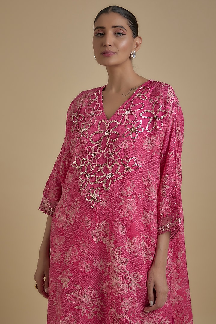Hot Pink Silk Floral Printed & Embroidered Kaftan Set by One not two at Pernia's Pop Up Shop
