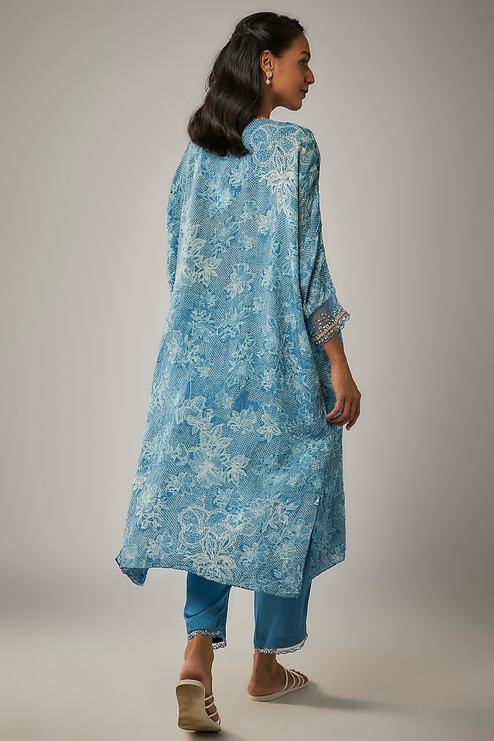Blue Crushed Silk Printed & Sequin Embroidered Kurta Set by One not two at Pernia's Pop Up Shop