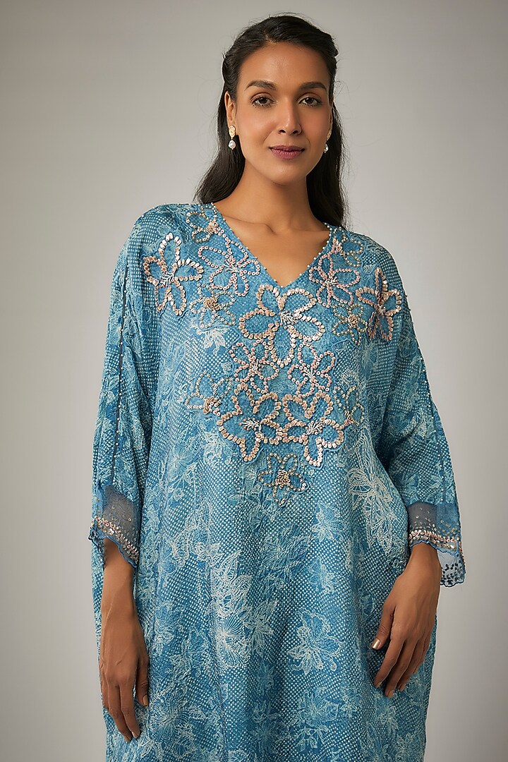 Blue Crushed Silk Printed & Sequin Embroidered Kurta Set by One not two at Pernia's Pop Up Shop