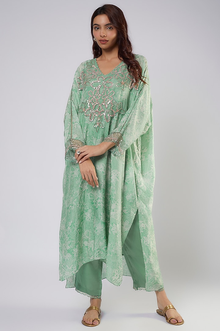 Green Silk Polka Printed & Embroidered Kurta Set by One not two