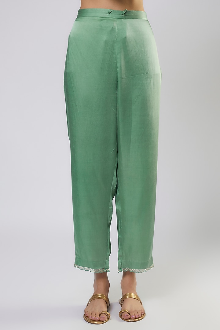 Green Silk Polka Printed & Embroidered Kurta Set by One not two at Pernia's Pop Up Shop