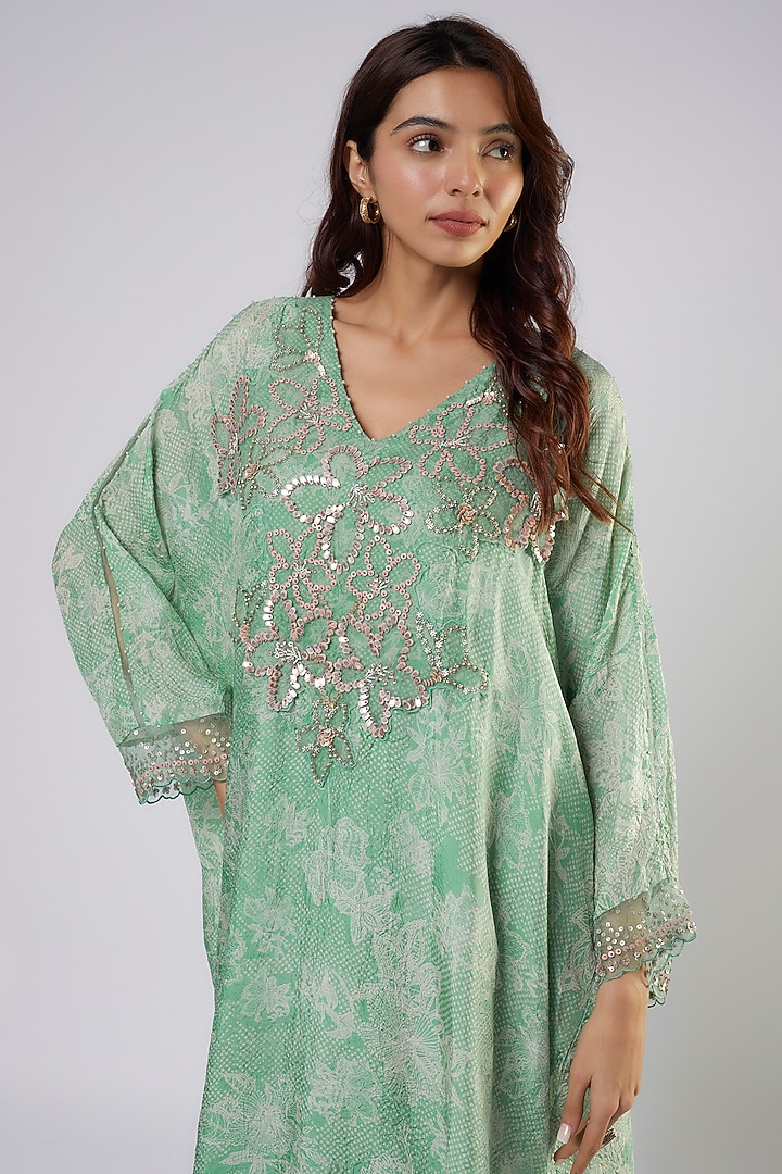 Green Silk Polka Printed & Embroidered Kurta Set by One not two at Pernia's Pop Up Shop