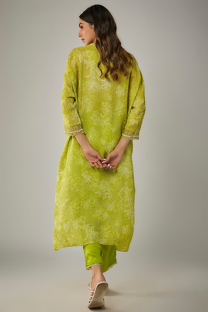 Lime Crushed Silk Printed & Sequin Embroidered Kurta Set by One not two at Pernia's Pop Up Shop