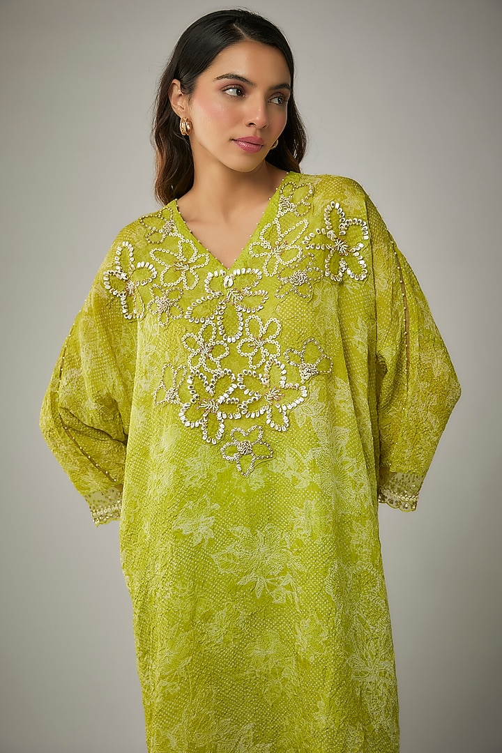 Lime Crushed Silk Printed & Sequin Embroidered Kurta Set by One not two at Pernia's Pop Up Shop
