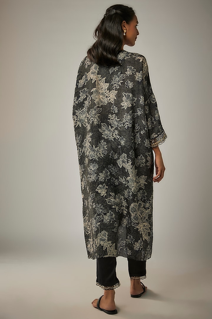 Black Crushed Silk Printed & Sequin Embroidered Kurta Set by One not two at Pernia's Pop Up Shop